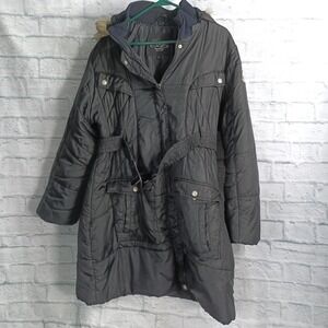 Coogi Coat Womens 3X Black Hooded Quilted Belted Fur Trim Winter Parka